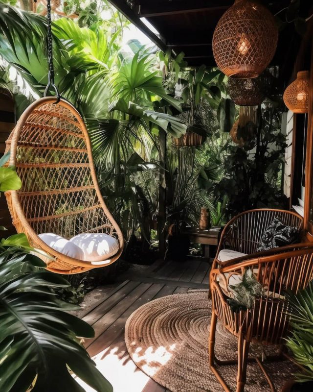 rattan-chair-is-hanging-from-wooden-deck-with-plant-background (1)